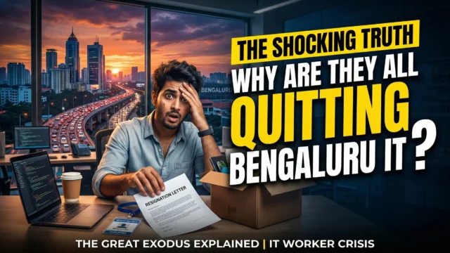 A frustrated IT professional in Bengaluru holding a resignation letter with heavy city traffic outside the window.