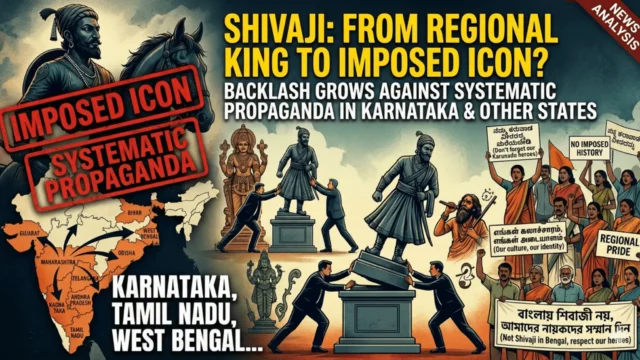 Chhatrapati Shivaji Maharaj monument representing the nationalization project and regional political backlash