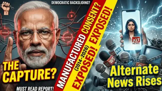 A dramatic split-screen showing a priminister modi vs. an independent digital journalist.