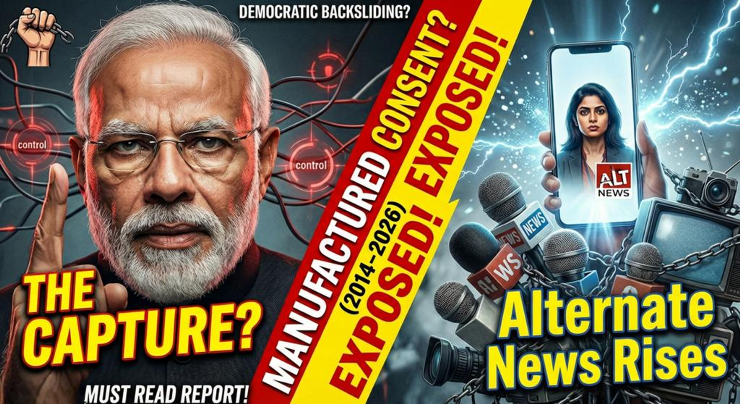 Godi Media Exposed: How India’s Fourth Estate Was Sold! 7 A dramatic split-screen showing a priminister modi vs. an independent digital journalist.
