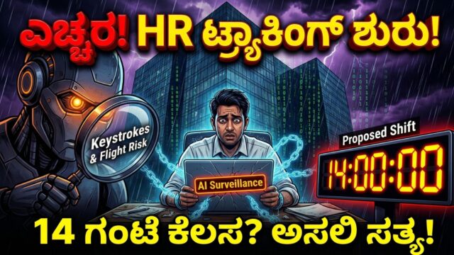 A worried IT employee at a desk with an invisible chain from their laptop, while a futuristic AI hologram of an HR manager with multiple eyes watches them.