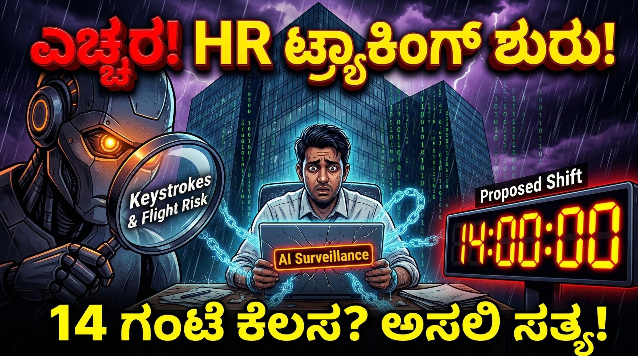 ನಿಮ್ಮ ಎಚ್ಆರ್ (HR) ನಿಮ್ಮನ್ನ ಟ್ರ್ಯಾಕ್ ಮಾಡ್ತಿದ್ದಾರೆ ಎಚ್ಚರ! : 14-ಗಂಟೆಗಳ ಶಿಫ್ಟ್ನ ಅಸಲಿ ಸತ್ಯ 2 A worried IT employee at a desk with an invisible chain from their laptop, while a futuristic AI hologram of an HR manager with multiple eyes watches them.