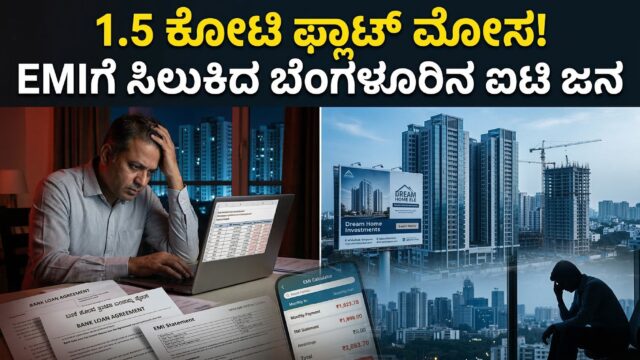 Bengaluru IT employee trapped in massive home loan EMI while luxury apartment towers symbolize the real estate debt trap.