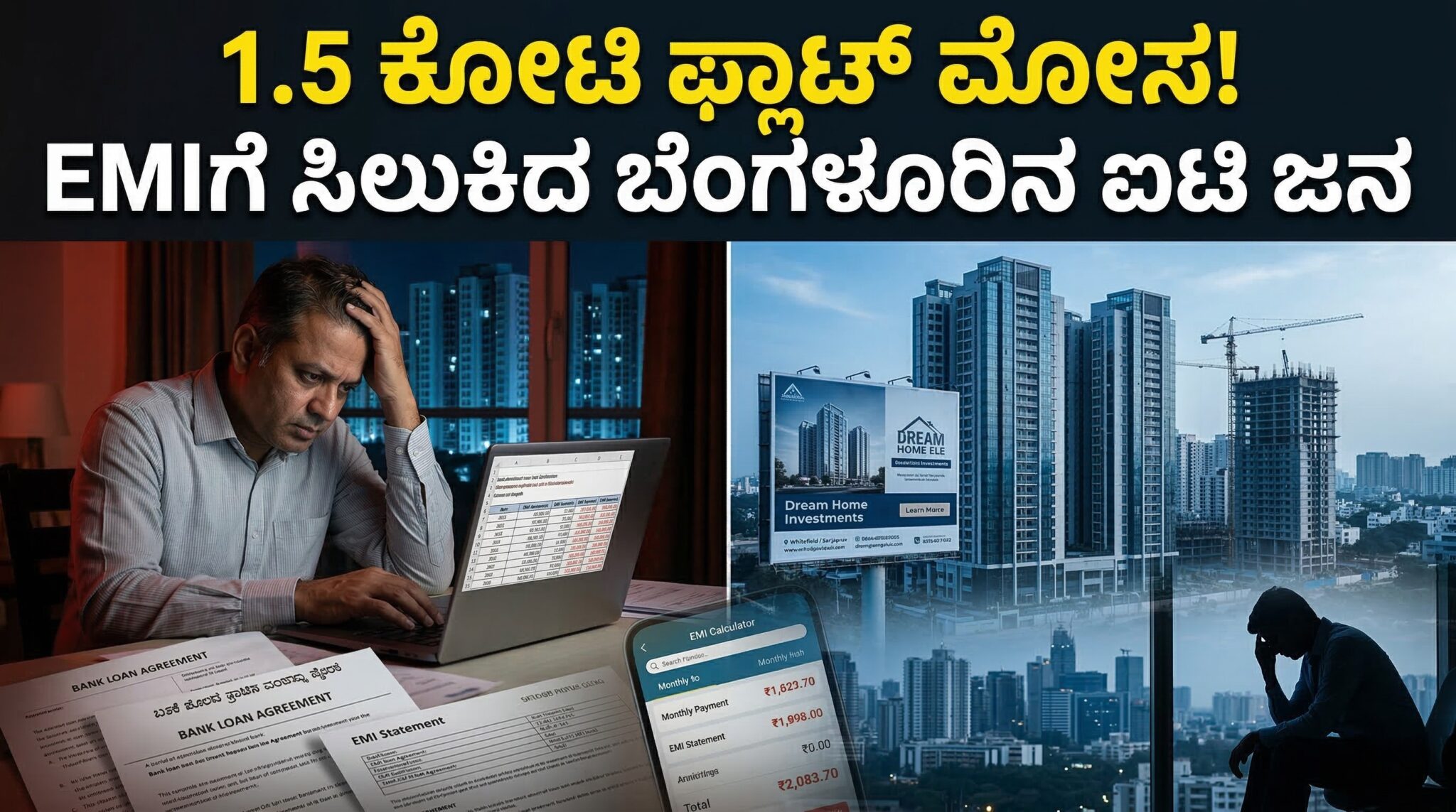 🚨 ಬೆಂಗಳೂರಿನಲ್ಲಿ 3BHK ಫ್ಲಾಟ್ ಎಂಬ ಮಹಾ ಮೋಸ: ಇಎಂಐ (EMI) ಸುಳಿಯಲ್ಲಿ ಸಿಲುಕಿ ಬಡವರಾಗಿಯೇ ಉಳಿಯುವ ಐಟಿ (IT) ಉದ್ಯೋಗಿಗಳು! 🚨 1 Bengaluru IT employee trapped in massive home loan EMI while luxury apartment towers symbolize the real estate debt trap.