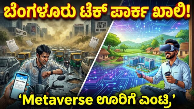 A stressed IT employee stuck in Bengaluru traffic next to a futuristic virtual reality Metaverse office setup