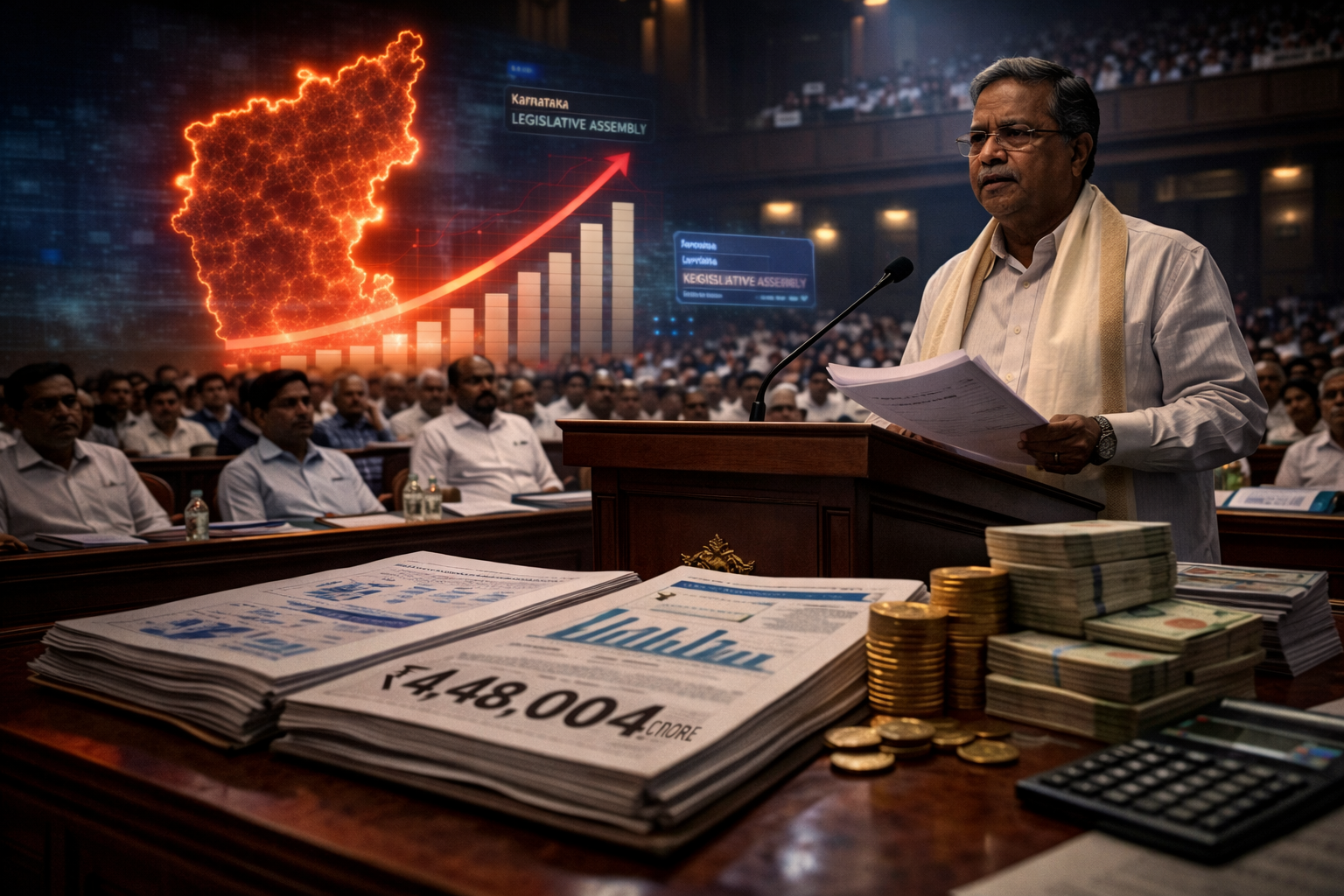 ಕರ್ನಾಟಕ ಬಜೆಟ್ 2026: ಕನ್ನಡಿಗರಿಗೆ ಸಿಕ್ಕಿದ್ದೇನು? ಬರೀ ಉಚಿತಗಳ ಭರವಸೆಯೋ, ನೈಜ ಅಭಿವೃದ್ಧಿಯೋ? 6 Karnataka Assembly budget session with finance documents and rising debt charts symbolizing the economic debate around Karnataka Budget 2026