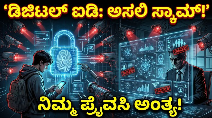 ಡಿಜಿಟಲ್ ಬೇಡಿ: ಮಕ್ಕಳ ರಕ್ಷಣೆ ಹೆಸರಲ್ಲಿ ಅತಿ ದೊಡ್ಡ ಸರ್ವೆಲೆನ್ಸ್! 1 A shadowy figure monitoring a citizen's online activity using Digital ID and facial recognition scanners.