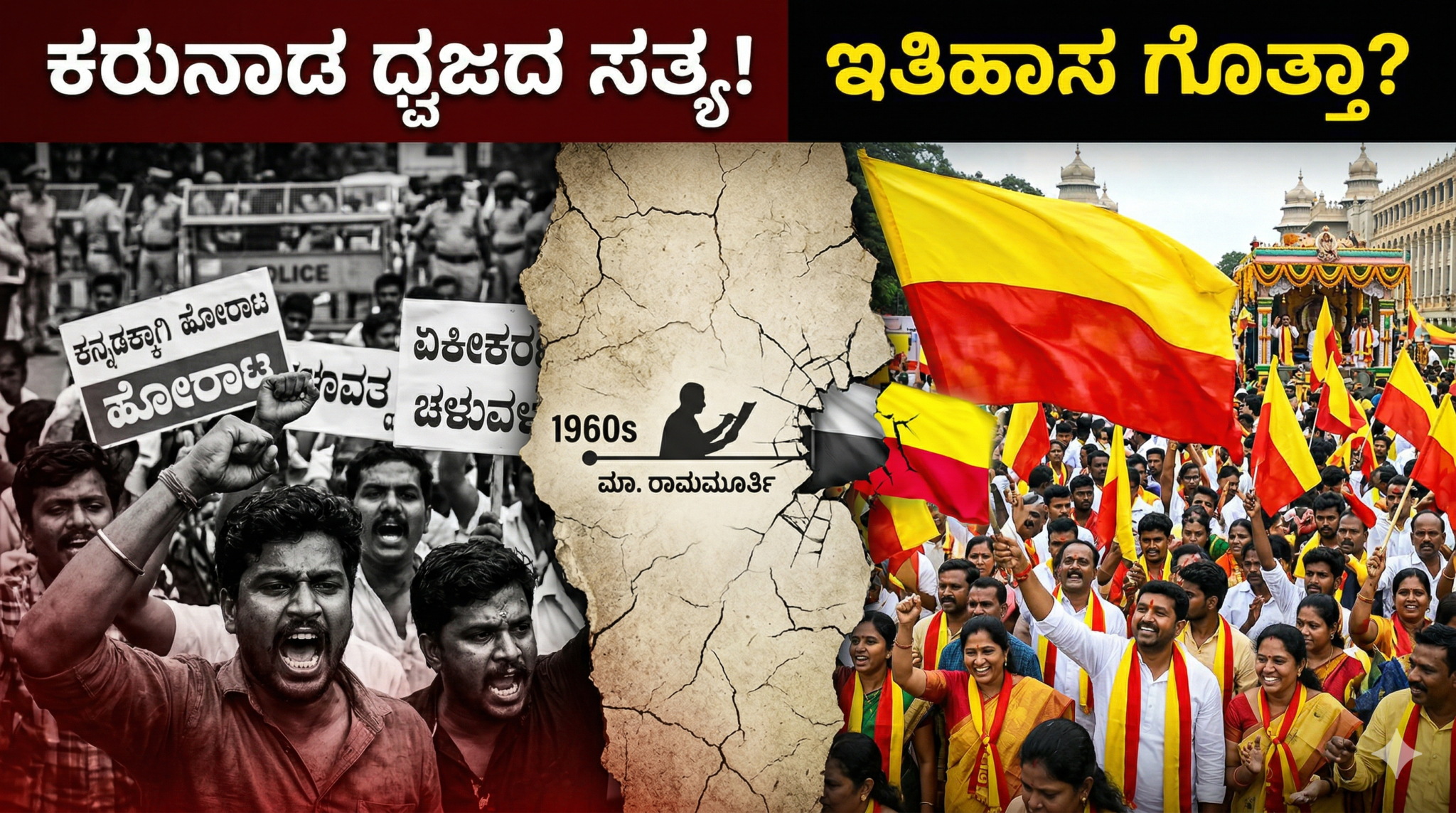 ಕರುನಾಡ ಧ್ವಜದ ನಿಜವಾದ ಕಥೆ: ಕೆಂಪು-ಹಳದಿ ಬಾವುಟದ ಹಿಂದಿರುವ ನೆತ್ತರು, ಕಣ್ಣೀರು ಮತ್ತು ಕನ್ನಡಿಗರ ಕೆಚ್ಚೆದೆಯ ಇತಿಹಾಸ! 1 ಕರುನಾಡ ಧ್ವಜ, Kannada flag history ಮತ್ತು Ma Ramamurthy ಅವರ ಹೋರಾಟದ ಹಿನ್ನೆಲೆಯಲ್ಲಿರುವ ಹಳದಿ ಕೆಂಪು ಬಾವುಟ