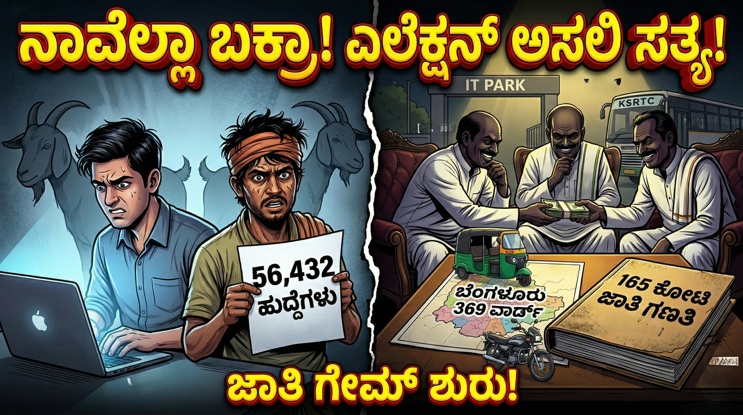 ಎಲೆಕ್ಷನ್ 2026: ಕರ್ನಾಟಕದ ಪಾಲಿಟಿಕ್ಸ್ನಲ್ಲಿ ಜಾತಿಯೇ ಕಿಂಗ್ಮೇಕರ್, ಐಡಿಯಾಲಜಿ ಬರೀ ಡ್ರಾಮಾ, ನಾವೆಲ್ಲಾ 'ಬಕ್ರಾ'ಗಳು! 1 Karnataka politicians calculating caste votes while techies and rural youth look on helplessly.