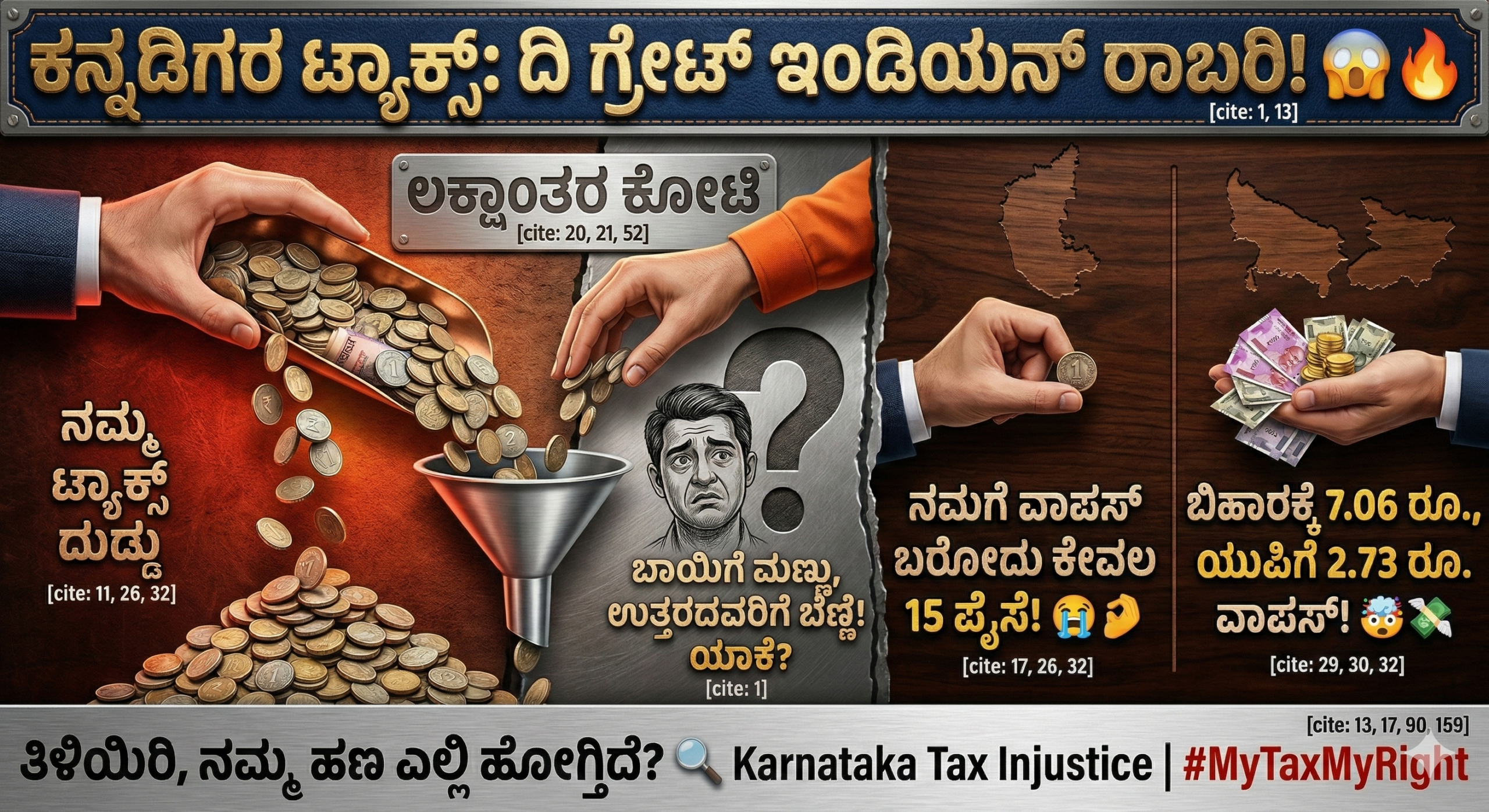ಕನ್ನಡಿಗರ ಬಾಯಿಗೆ ಮಣ್ಣು, ಉತ್ತರದವರಿಗೆ ಬೆಣ್ಣೆ: ಕನ್ನಡಿಗರ ಟ್ಯಾಕ್ಸ್ ಮತ್ತು ದಿ ಗ್ರೇಟ್ ಇಂಡಿಯನ್ ರಾಬರಿ! 5 ಕರ್ನಾಟಕದ ತೆರಿಗೆ ಪಾಲು ಮತ್ತು ಕೇಂದ್ರದ ಹಂಚಿಕೆಯ ತುಲನಾತ್ಮಕ ಚಿತ್ರಣ.