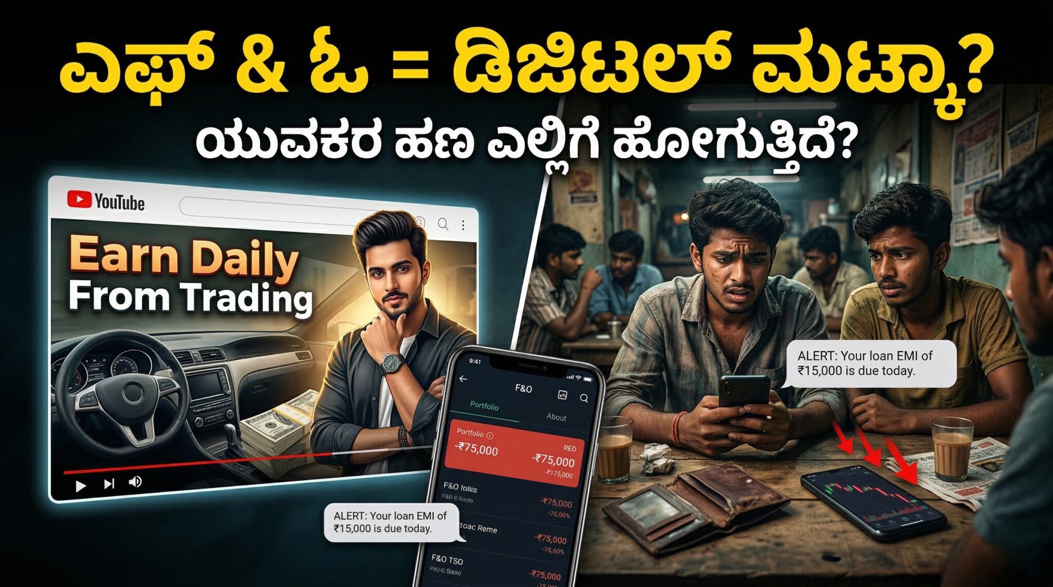🔥 ಎಫ್ ಅಂಡ್ ಓ (F&O) ಎಂಬ ಡಿಜಿಟಲ್ ಜೂಜಾಟ: ಉತ್ತರ ಕರ್ನಾಟಕದ ಯುವಕರನ್ನು ಬರ್ಬಾದ್ ಮಾಡುತ್ತಿರುವ ಆಧುನಿಕ ಮಟ್ಕಾ! 1 ಉತ್ತರ ಕರ್ನಾಟಕದ ಯುವಕ ಮೊಬೈಲ್ನಲ್ಲಿ F&O trading app ನೋಡಿ stock market ನಲ್ಲಿ ನಷ್ಟ ಅನುಭವಿಸುತ್ತಿರುವ ದೃಶ್ಯ.