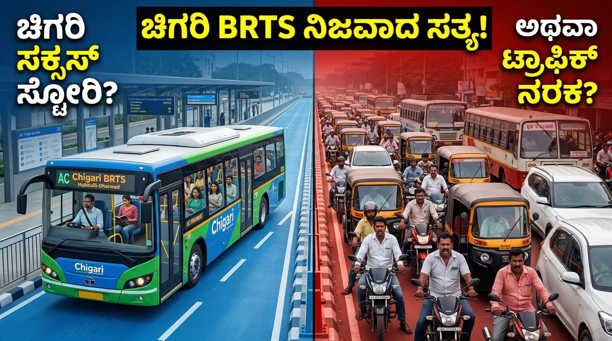 ಚಿಗರಿ ಬಿಆರ್ಟಿಎಸ್: ಸಾವಿರ ಕೋಟಿಯ ಸಕ್ಸಸ್ ಸ್ಟೋರಿಯೋ ಅಥವಾ ನಮ್ಮೂರ ಟ್ರಾಫಿಕ್ ನರಕವೋ? ಒಂದು ಅನ್ಫಿಲ್ಟರ್ಡ್ ರಿಪೋರ್ಟ್ 7 Hubballi Dharwad Chigari BRTS corridor showing dedicated bus lanes and heavy mixed traffic congestion