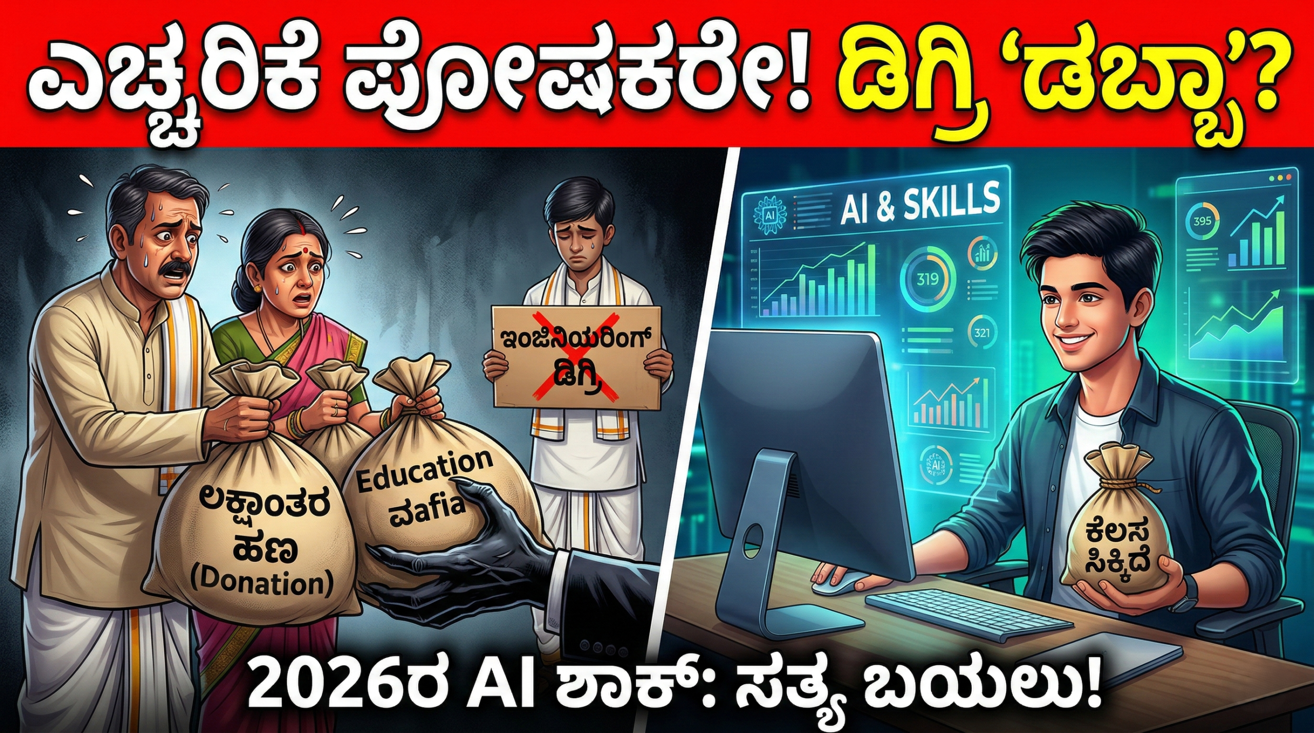 ಇಂಜಿನಿಯರಿಂಗ್ ಡಿಗ್ರಿ 'ಡಬ್ಬಾ': 2026ರ AI ಯುಗದಲ್ಲಿ ಸ್ಕಿಲ್ಸ್ ಮುಖ್ಯ! 5 A student holding an engineering degree certificate that is crumbling into binary code, with a holographic robot teaching AI skills to a second student in the background.