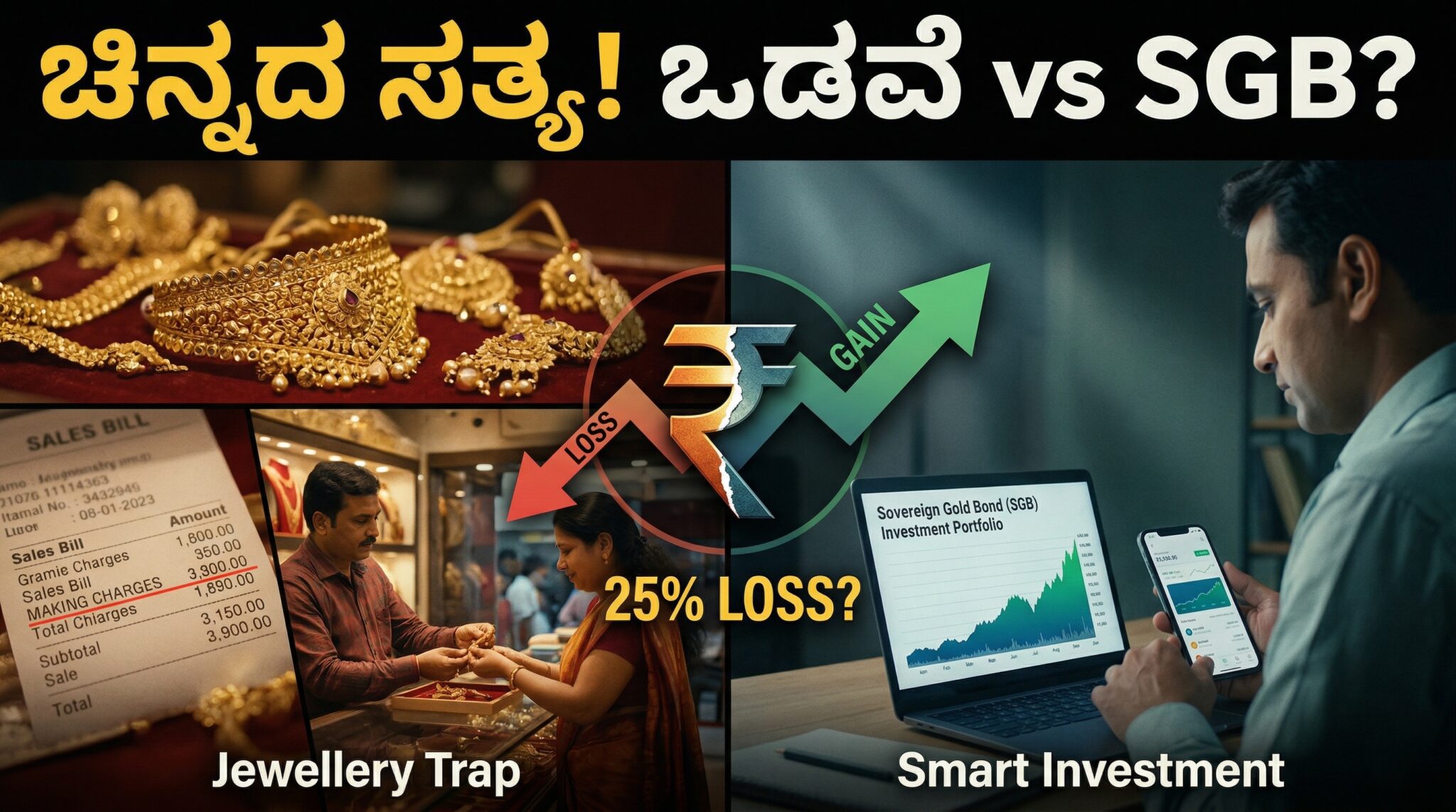 ಚಿನ್ನದ ಹೂಡಿಕೆ, gold jewellery vs SGB comparison ಮತ್ತು making charges ಕಾರಣದಿಂದ financial loss ಆಗುತ್ತಿರುವ ದೃಶ್ಯ