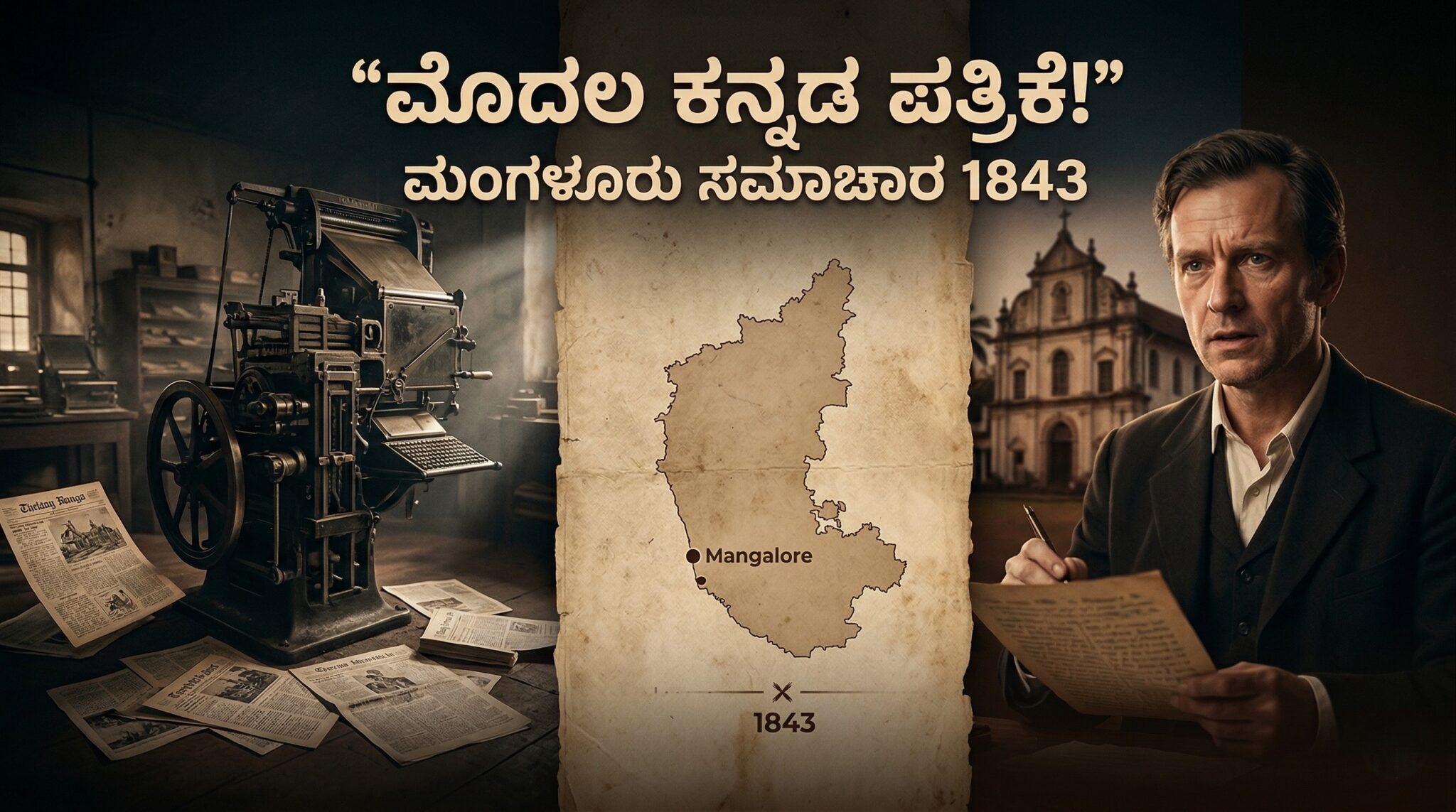 ಮಂಗಳೂರು ಸಮಾಚಾರ newspaper, Kannada journalism history ಮತ್ತು printing press ಮೂಲಕ ಕನ್ನಡ ಪತ್ರಿಕೋದ್ಯಮದ ಆರಂಭದ ದೃಶ್ಯ