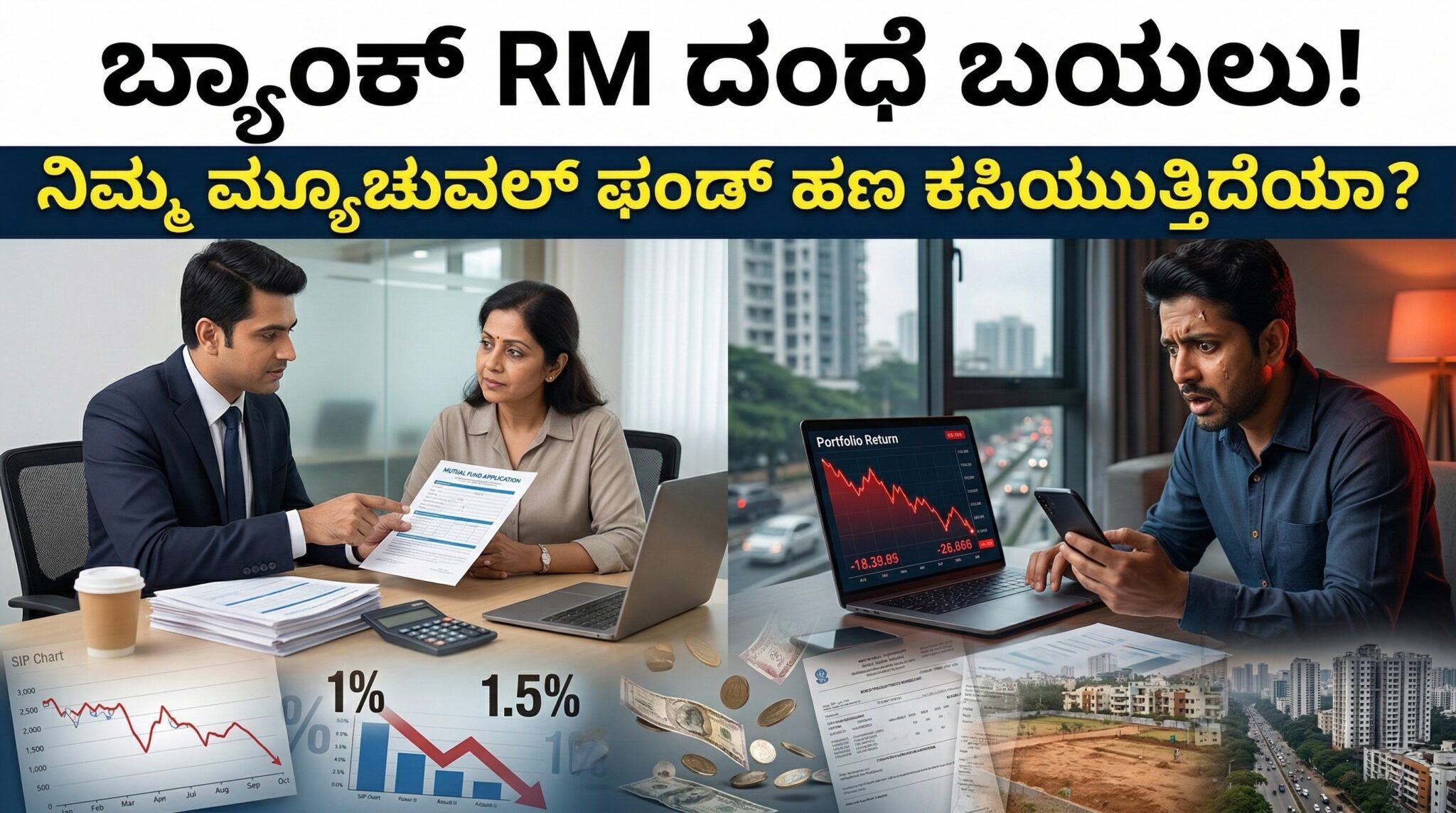 ಬ್ರೇಕಿಂಗ್: ನಿಮ್ಮ ಬ್ಯಾಂಕ್ ಮ್ಯಾನೇಜರ್ ನಿಮ್ಮ ಬೆವರಿನ ದುಡ್ಡಿಗೆ ಹೇಗೆ ಕನ್ನ ಹಾಕುತ್ತಿದ್ದಾರೆ ? ರೆಗ್ಯುಲರ್ ಮ್ಯೂಚುವಲ್ ಫಂಡ್ಗಳ ಕರಾಳ ಸತ್ಯ! 1 Bank relationship manager selling regular mutual funds while an investor unknowingly loses money through hidden commissions and higher expense ratios