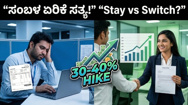ಸಂಬಳ ಏರಿಕೆ, job change ಮತ್ತು corporate salary growth ಮೂಲಕ employee financial growth ಆಗುತ್ತಿರುವ ದೃಶ್ಯ
