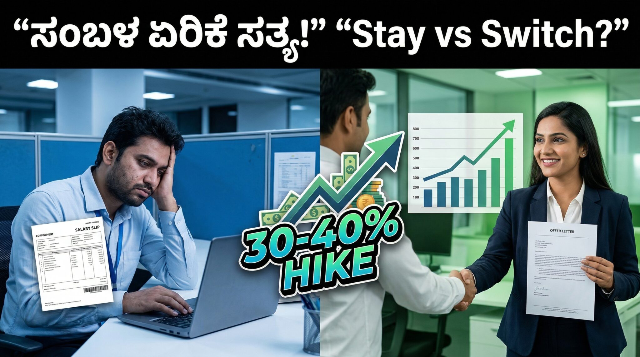 ಸಂಬಳ ಏರಿಕೆ, job change ಮತ್ತು corporate salary growth ಮೂಲಕ employee financial growth ಆಗುತ್ತಿರುವ ದೃಶ್ಯ