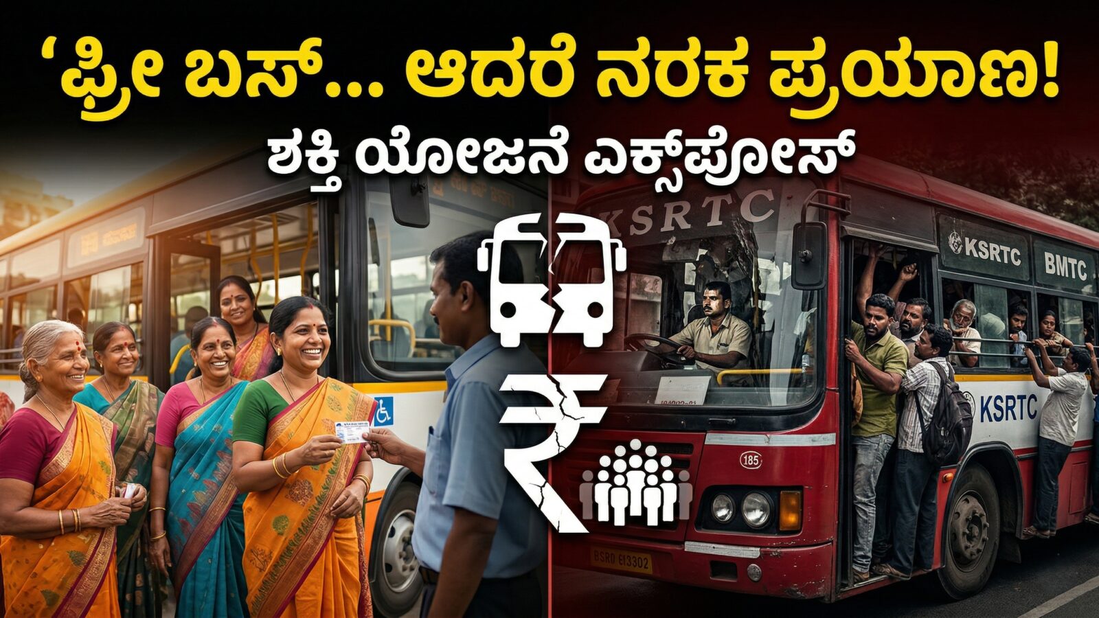 ಶಕ್ತಿ ಯೋಜನೆ ನಂತರ overcrowded bus, ಮಹಿಳೆಯರು free travel ಮತ್ತು transport crisis ಆಗುತ್ತಿರುವ ದೃಶ್ಯ