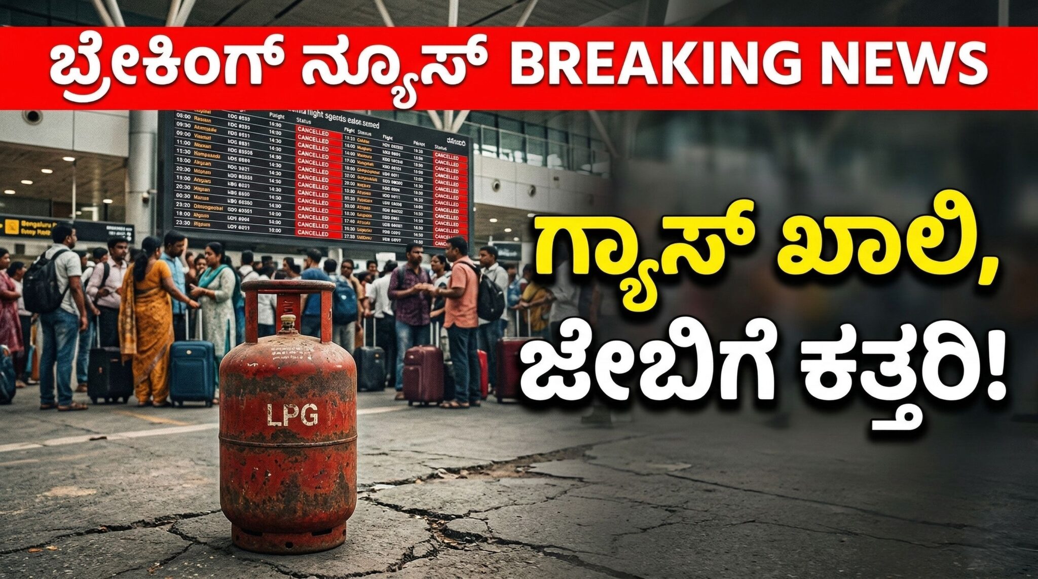 ಮಧ್ಯಪ್ರಾಚ್ಯ ಯುದ್ಧದ ಎಫೆಕ್ಟ್: ಅಡುಗೆ ಗ್ಯಾಸ್ ಖಾಲಿ, ಜೇಬಿಗೆ ಕತ್ತರಿ! 1 Empty rusted LPG cylinder with cancelled flights background showing Middle East war economic impact on India.