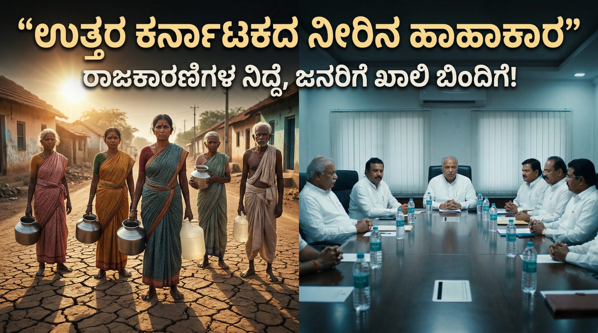 ಬಿಸಿಲಿನಲ್ಲಿ ಖಾಲಿ ಬಿಂದಿಗೆ ಹಿಡಿದು ನೀರಿಗಾಗಿ ಕಾಯುತ್ತಿರುವ ಉತ್ತರ ಕರ್ನಾಟಕದ ಗ್ರಾಮೀಣ ಮಹಿಳೆಯರು ಮತ್ತು ಬರಿದಾದ ನೆಲದ ದೃಶ್ಯ