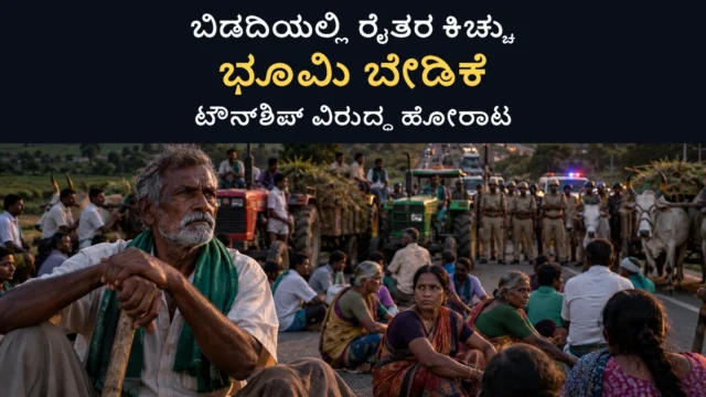 ಬಿಡದಿ ಟೌನ್‌ಶಿಪ್ ಭೂಸ್ವಾಧೀನ ವಿರೋಧಿಸಿ ರಸ್ತೆ ತಡೆ ನಡೆಸುತ್ತಿರುವ ರೈತರ ಹೋರಾಟದ ಪ್ರತಿನಿಧಿ ದೃಶ್ಯ