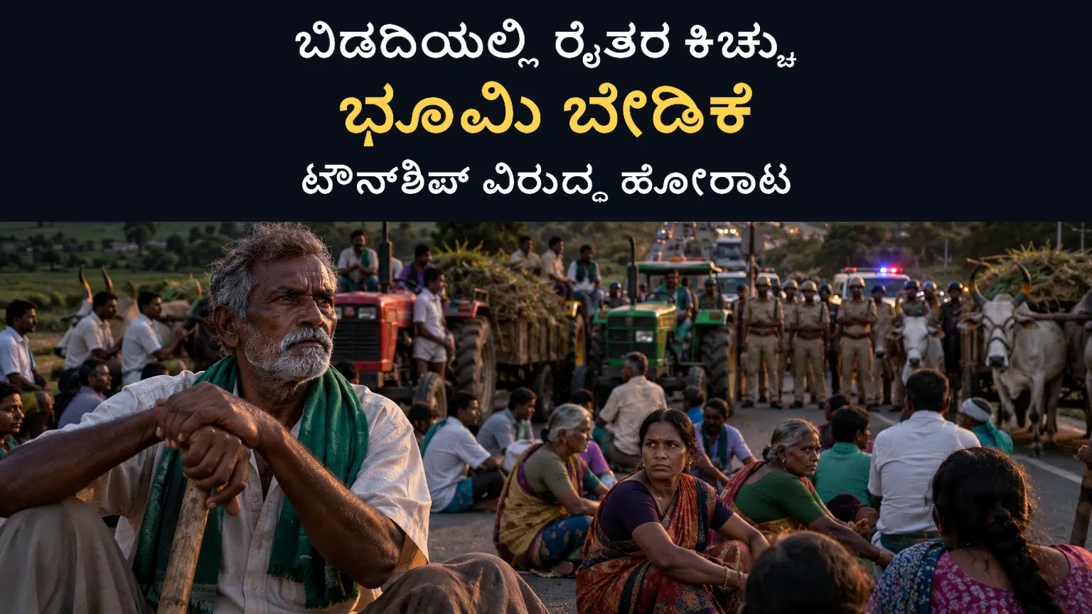 ಬಿಡದಿ ಟೌನ್‌ಶಿಪ್ ಭೂಸ್ವಾಧೀನ ವಿರೋಧಿಸಿ ರಸ್ತೆ ತಡೆ ನಡೆಸುತ್ತಿರುವ ರೈತರ ಹೋರಾಟದ ಪ್ರತಿನಿಧಿ ದೃಶ್ಯ