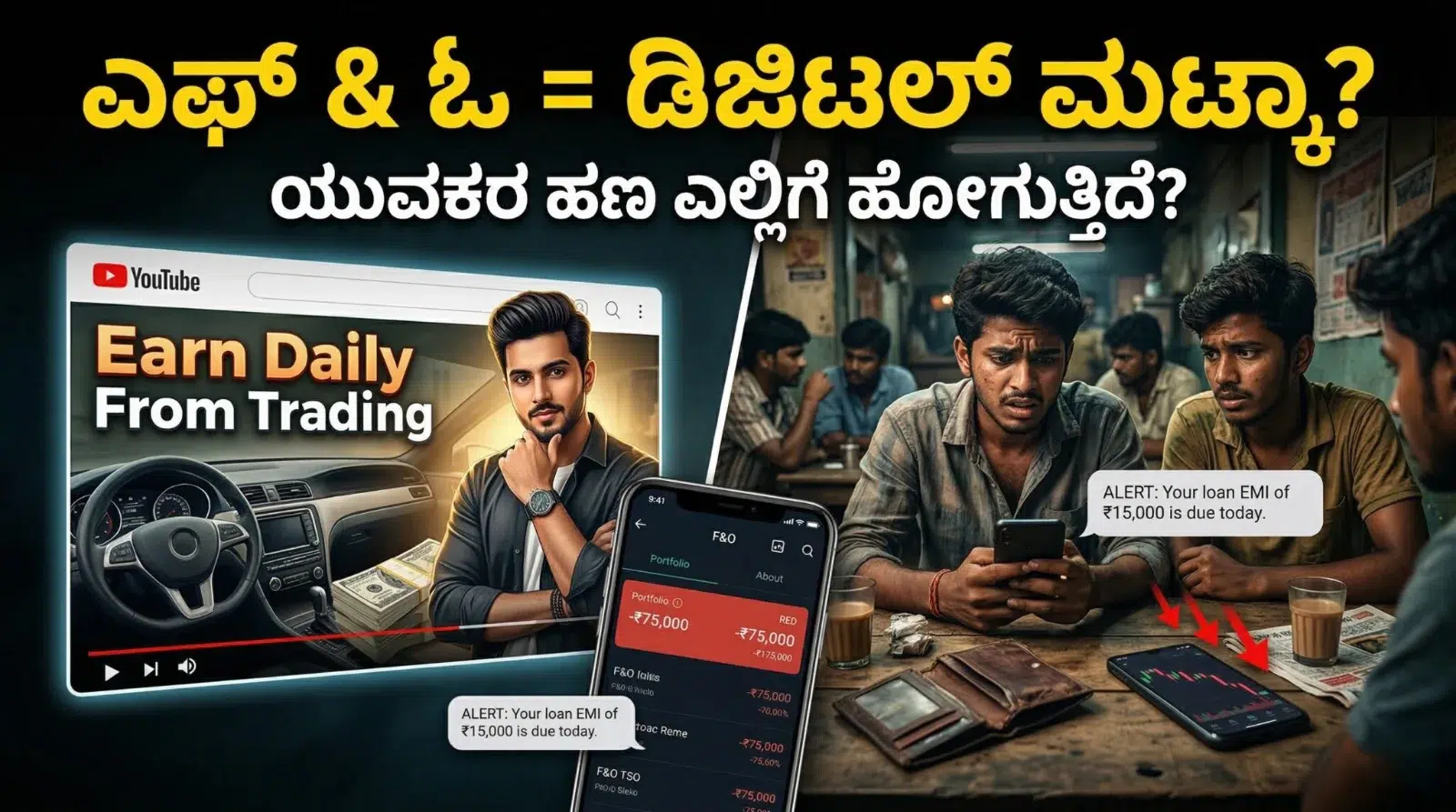 ಉತ್ತರ ಕರ್ನಾಟಕದ ಯುವಕ ಮೊಬೈಲ್‌ನಲ್ಲಿ F&O trading app ನೋಡಿ stock market ನಲ್ಲಿ ನಷ್ಟ ಅನುಭವಿಸುತ್ತಿರುವ ದೃಶ್ಯ.