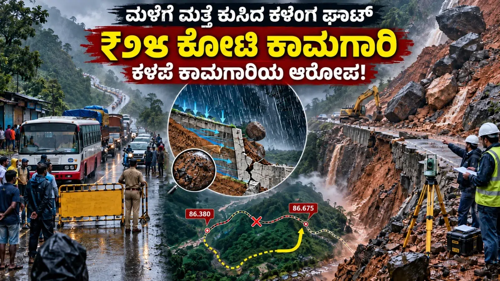 ಭಾರೀ ಮಳೆಯಿಂದ ಕುಸಿದ ಕಳಿಂಗ ಘಾಟ್ ರಸ್ತೆ, ತಡೆಗೋಡೆ ಅವಶೇಷಗಳು ಮತ್ತು ಅಪಾಯಕಾರಿ ಬೆಟ್ಟದ ಇಳಿಜಾರು