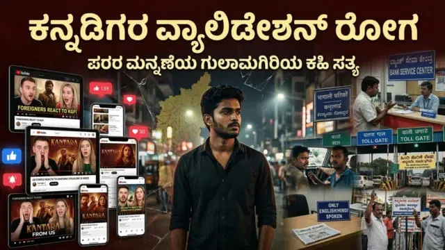 ಪರರ ಮನ್ನಣೆಯ ಕಡೆಗೆ ಕೈ ಚಾಚಿರುವ ಕನ್ನಡಿಗರ ಮನಸ್ಥಿತಿಯನ್ನು ತೋರಿಸುವ ಪ್ರತೀಕಾತ್ಮಕ ಚಿತ್ರ