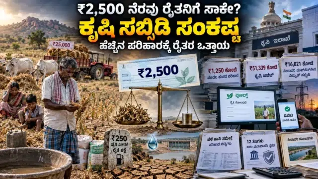 ಬರಪೀಡಿತ ಕರ್ನಾಟಕದ ರೈತ, ಒಣಗಿದ ಕೃಷಿಭೂಮಿ ಮತ್ತು ₹2,500 ಕೃಷಿ ಸಬ್ಸಿಡಿಯನ್ನು ಪ್ರತಿನಿಧಿಸುವ ದಾಖಲೆಗಳ ದೃಶ್ಯ