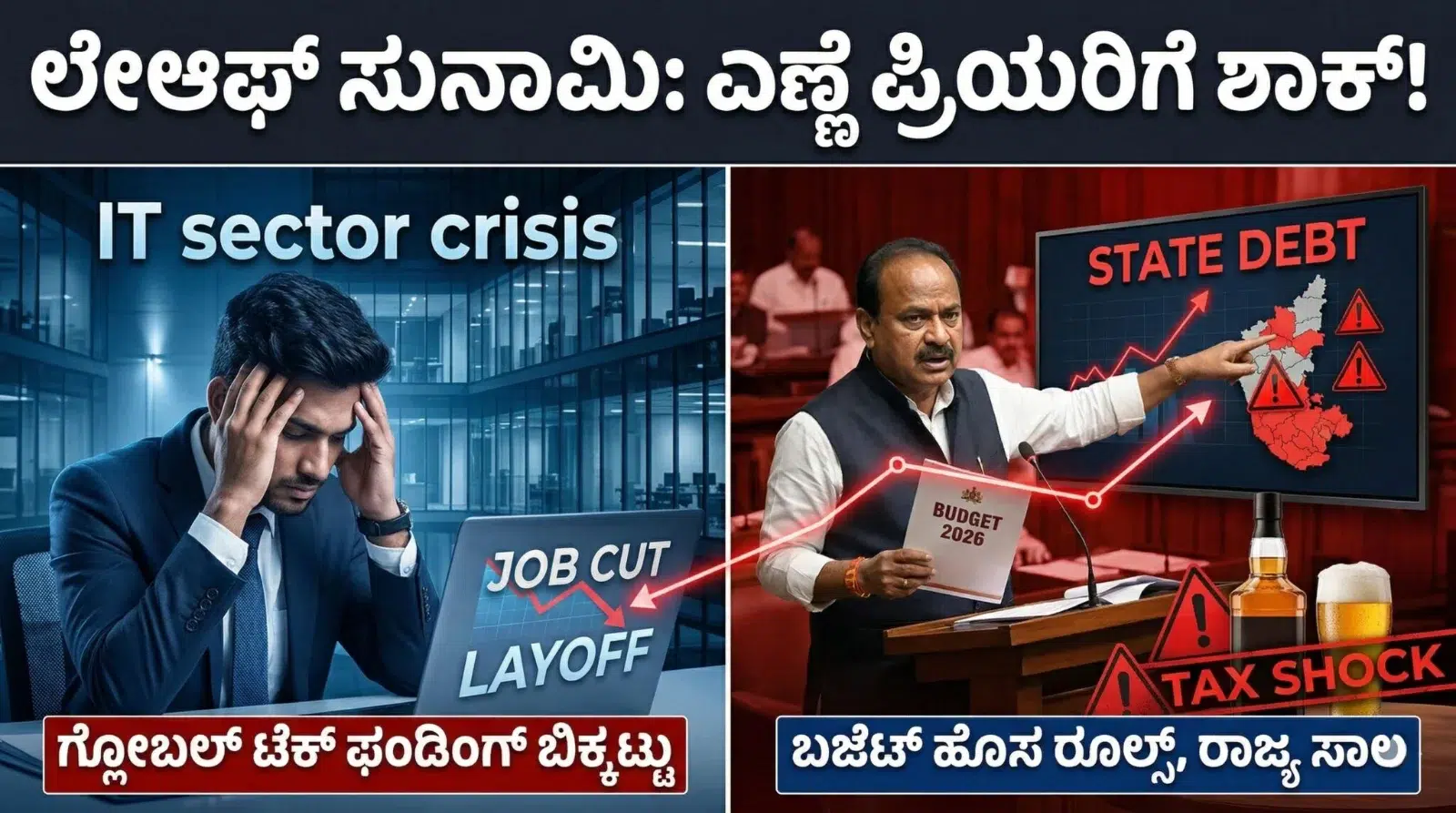 ೦೮ ಮಾರ್ಚ್ ೨೦೨೬: ಟೆಕ್ ಕಂಪನಿಗಳಲ್ಲಿ ಶುರುವಾದ 'ಲೇಆಫ್' ಸುನಾಮಿ, ಬಜೆಟ್ನಲ್ಲಿ ಹೊಸ ರೂಲ್ಸ್, ಮತ್ತು ಎಣ್ಣೆ ಪ್ರಿಯರಿಗೆ ಶಾಕ್ - ಅಸಲಿ ಕಥೆ ಏನು? 1 Karnataka budget 2026 analysis showing Siddaramaiah presenting budget with tech layoffs crisis and new liquor policy economic impact