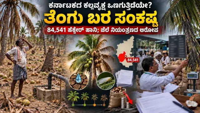 ಕರ್ನಾಟಕದ ಬರದಿಂದ ಒಣಗಿದ ತೆಂಗಿನ ತೋಟ, ಸಂಕಷ್ಟದಲ್ಲಿರುವ ಬೆಳೆಗಾರ ಮತ್ತು ಬಿಳಿ ನೊಣ ಕೀಟಬಾಧೆಯ ಪ್ರತಿನಿಧಿಕ ದೃಶ್ಯ