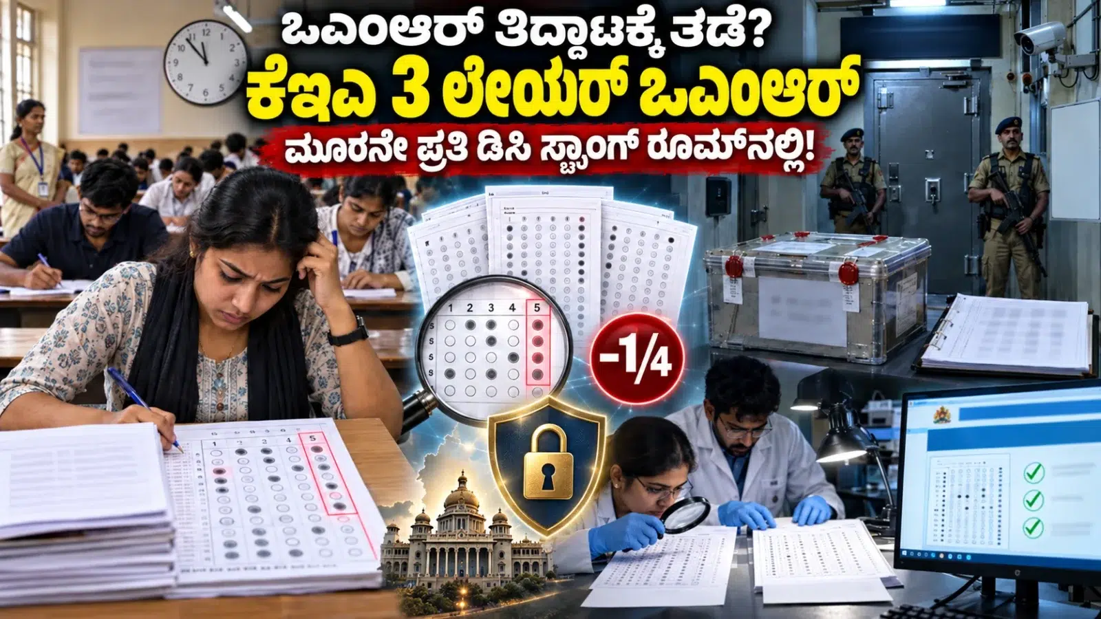 ಕೆಇಎ 3 ಲೇಯರ್ ಒಎಂಆರ್ ವ್ಯವಸ್ಥೆ, ಅಭ್ಯರ್ಥಿ ಪ್ರತಿ, ಡಿಸಿ ಕಚೇರಿ ಸ್ಟ್ರಾಂಗ್ ರೂಮ್ ಭದ್ರತೆ ಮತ್ತು 5ನೇ ಆಯ್ಕೆಯ ಪರೀಕ್ಷಾ ನಿಯಮವನ್ನು ತೋರಿಸುವ ದೃಶ್ಯ