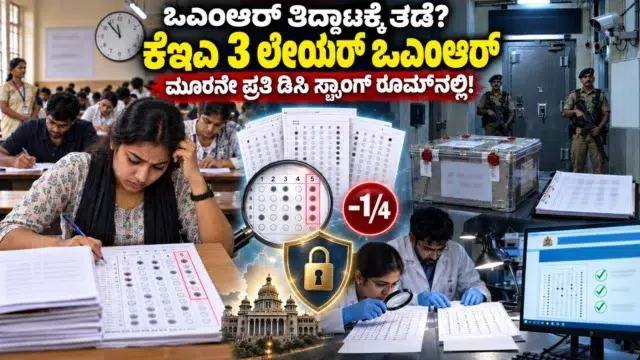 ಕೆಇಎ 3 ಲೇಯರ್ ಒಎಂಆರ್ ವ್ಯವಸ್ಥೆ, ಅಭ್ಯರ್ಥಿ ಪ್ರತಿ, ಡಿಸಿ ಕಚೇರಿ ಸ್ಟ್ರಾಂಗ್ ರೂಮ್ ಭದ್ರತೆ ಮತ್ತು 5ನೇ ಆಯ್ಕೆಯ ಪರೀಕ್ಷಾ ನಿಯಮವನ್ನು ತೋರಿಸುವ ದೃಶ್ಯ