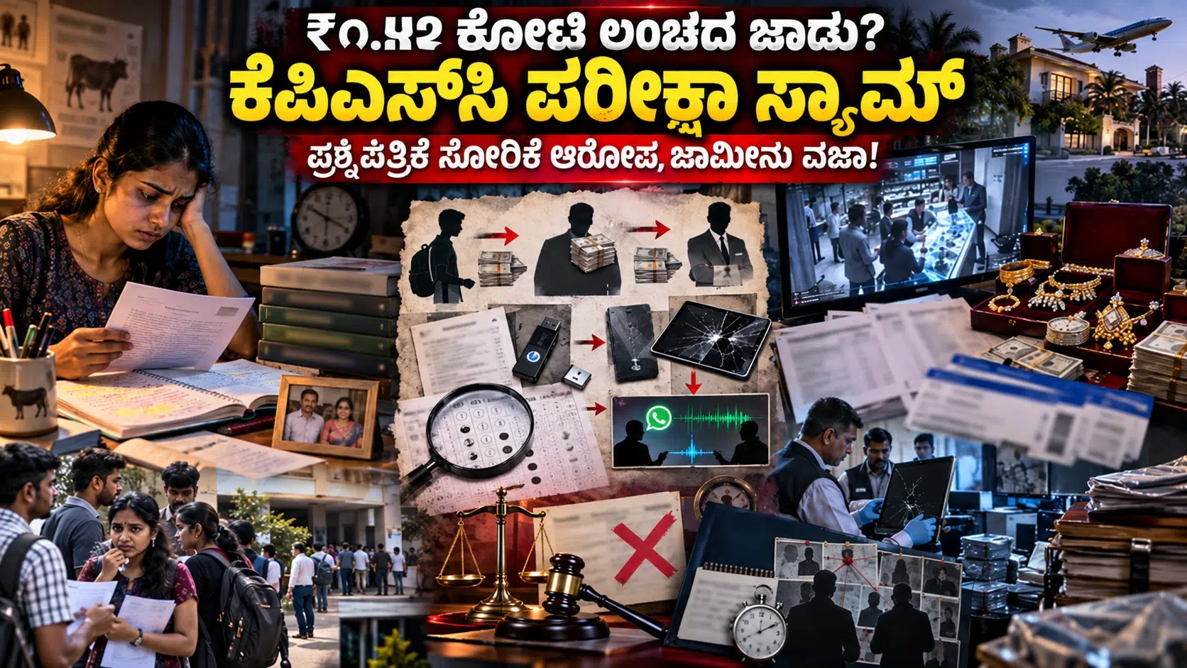 ಕೆಪಿಎಸ್‌ಸಿ ಪಶುವೈದ್ಯಾಧಿಕಾರಿ ಪರೀಕ್ಷಾ ಸ್ಕ್ಯಾಮ್ ತನಿಖೆಯನ್ನು ಸೂಚಿಸುವ ಓಎಂಆರ್ ಶೀಟ್, ಪ್ರಶ್ನೆಪತ್ರಿಕೆ, ತನಿಖಾ ದಾಖಲೆಗಳು ಮತ್ತು ಚಿನ್ನಾಭರಣದ ಪ್ರತಿಕಾತ್ಮಕ ದೃಶ್ಯ
