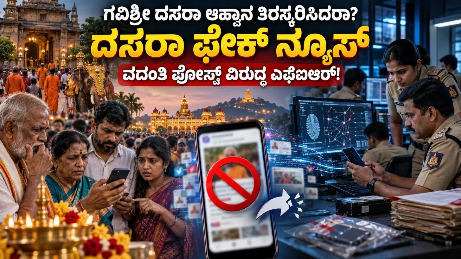 ಮೈಸೂರು ದಸರಾ ಉದ್ಘಾಟನೆ ಕುರಿತು ಗವಿಸಿದ್ದೇಶ್ವರ ಶ್ರೀಗಳ ಹೆಸರಿನಲ್ಲಿ ಹರಿದ ವದಂತಿ ಮತ್ತು ಕೊಪ್ಪಳ ಸೈಬರ್ ಪೊಲೀಸ್ ತನಿಖೆಯನ್ನು ಪ್ರತಿನಿಧಿಸುವ ಚಿತ್ರ