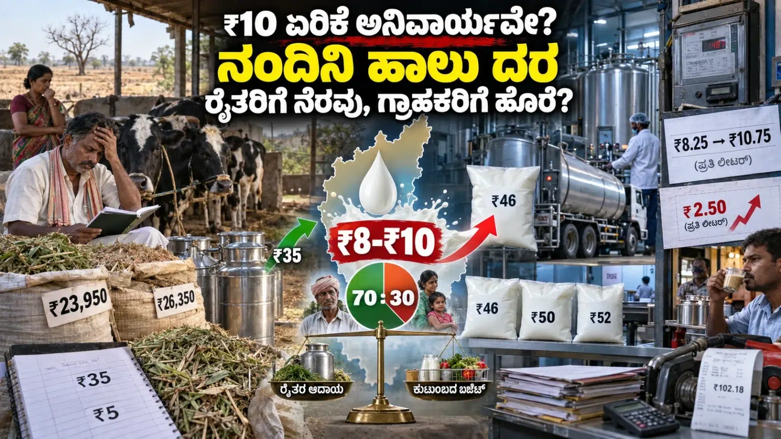 ನಂದಿನಿ ಹಾಲು ದರ ಏರಿಕೆ ಚರ್ಚೆಯ ನಡುವೆ ಹೈನುಗಾರರು, ಹಾಲಿನ ಕ್ಯಾನ್‌ಗಳು ಮತ್ತು ಹೆಚ್ಚುತ್ತಿರುವ ಉತ್ಪಾದನಾ ವೆಚ್ಚವನ್ನು ತೋರಿಸುವ ದೃಶ್ಯ