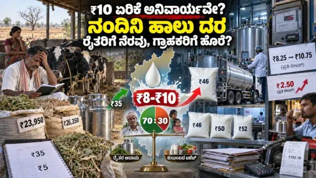 ನಂದಿನಿ ಹಾಲು ದರ ಏರಿಕೆ ಚರ್ಚೆಯ ನಡುವೆ ಹೈನುಗಾರರು, ಹಾಲಿನ ಕ್ಯಾನ್‌ಗಳು ಮತ್ತು ಹೆಚ್ಚುತ್ತಿರುವ ಉತ್ಪಾದನಾ ವೆಚ್ಚವನ್ನು ತೋರಿಸುವ ದೃಶ್ಯ