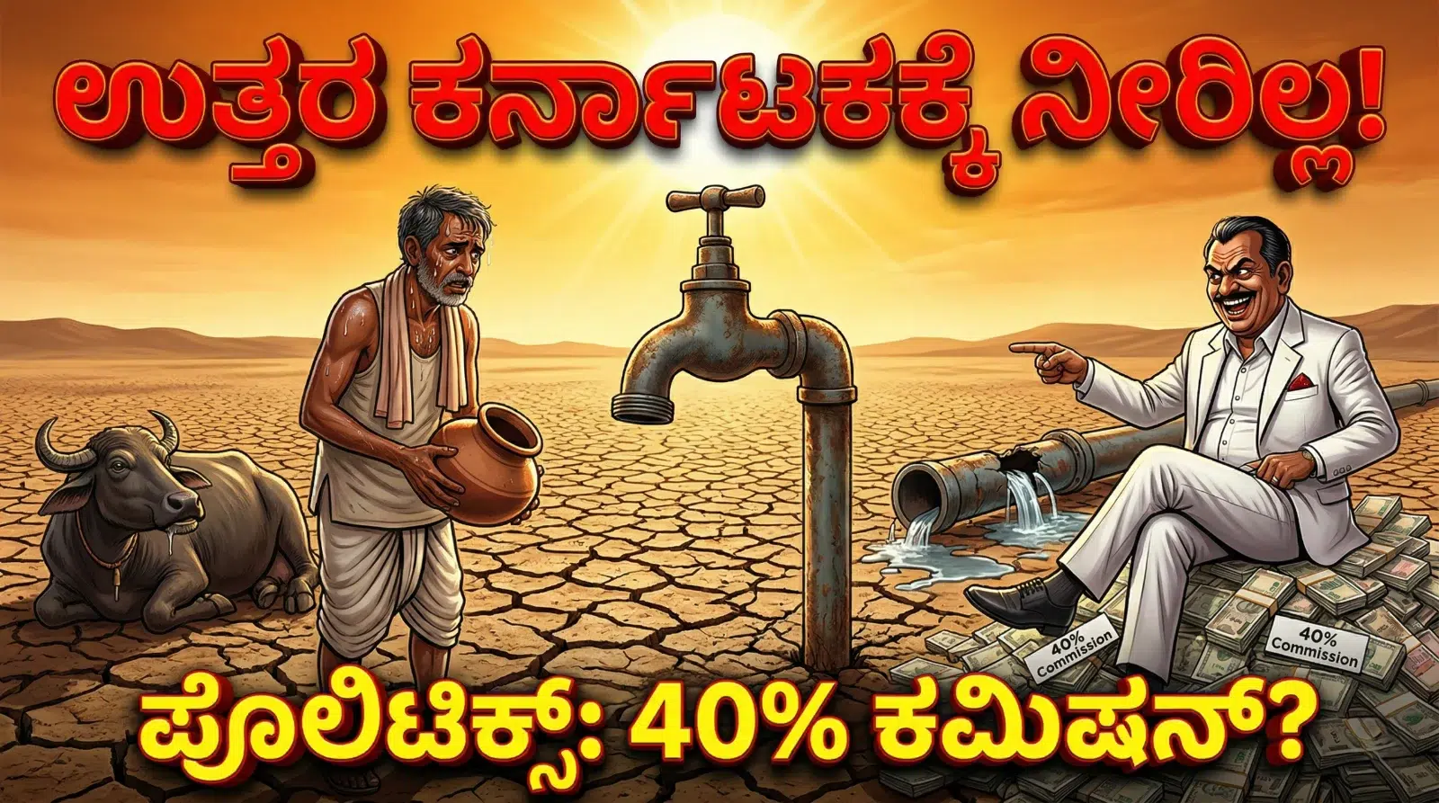 A cracked, dry landscape with an empty water tap, contrasting with politicians exchanging money over a broken pipeline in North Karnataka.