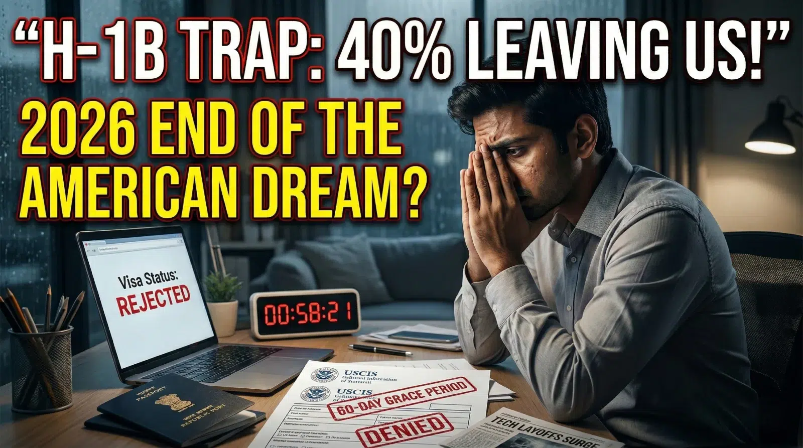 A professional Indian worker looking at a digital H-1B visa application with a $100,000 fee warning and a 60-day countdown clock.