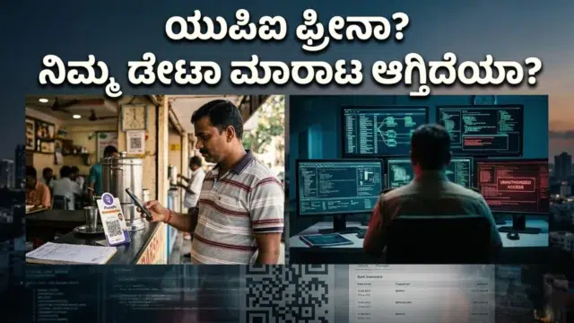 Person scanning a UPI QR code while data privacy risks, fintech surveillance, and cyber fraud threats loom in the background