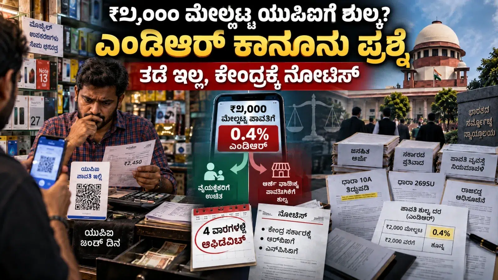ಯುಪಿಐ ಎಂಡಿಆರ್ ಶುಲ್ಕ ವಿವಾದ, ಸುಪ್ರೀಂ ಕೋರ್ಟ್ ವಿಚಾರಣೆ ಮತ್ತು ₹೨,೦೦೦ ಮೇಲ್ಪಟ್ಟ ವ್ಯಾಪಾರಿ ಡಿಜಿಟಲ್ ಪಾವತಿಗಳ ಸಂಕೇತಾತ್ಮಕ ದೃಶ್ಯ
