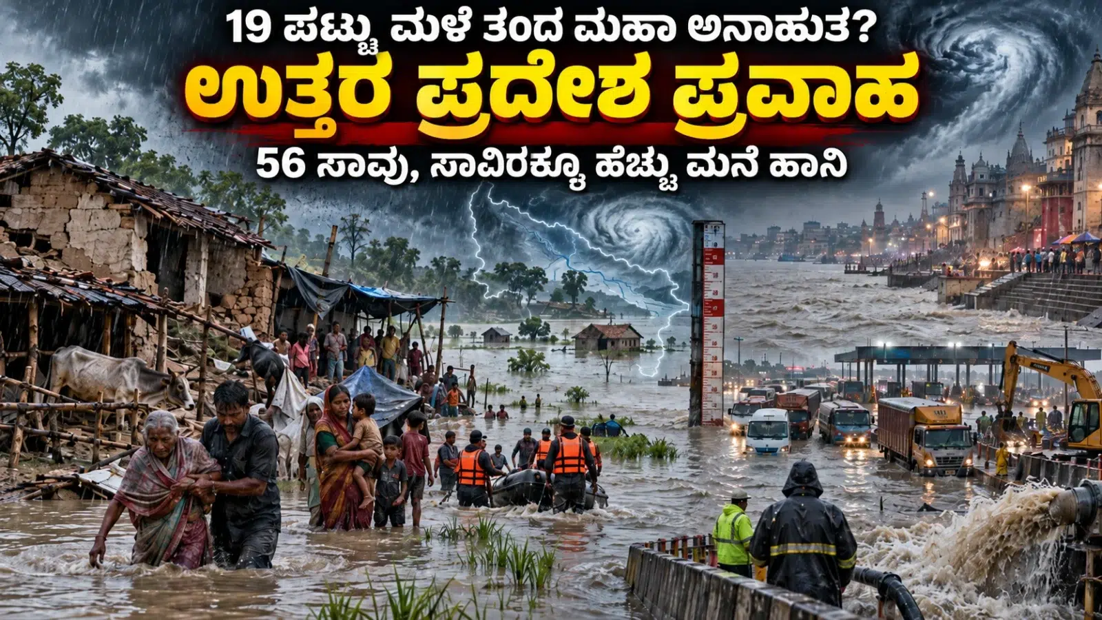 ಉತ್ತರ ಪ್ರದೇಶದಲ್ಲಿ ಭಾರಿ ಮಳೆ ಮತ್ತು ಪ್ರವಾಹದಿಂದ ಜಲಾವೃತವಾದ ವಸತಿ ಪ್ರದೇಶ, ಹಾನಿಗೊಳಗಾದ ಮನೆಗಳು ಮತ್ತು ರಕ್ಷಣಾ ಕಾರ್ಯಾಚರಣೆ