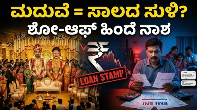ಮದುವೆ ಸಾಲ, EMI burden, personal loan ಮತ್ತು wedding expenses ಕಾರಣದಿಂದ ಕನ್ನಡಿಗ ಕುಟುಂಬ ಆರ್ಥಿಕ ಸಂಕಷ್ಟದಲ್ಲಿರುವ ದೃಶ್ಯ