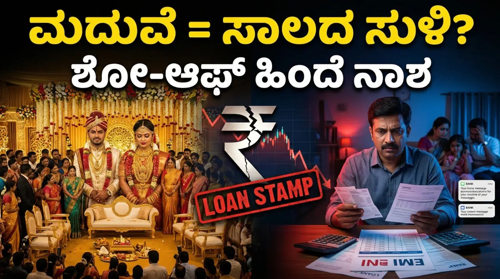 ಮದುವೆ ಸಾಲ, EMI burden, personal loan ಮತ್ತು wedding expenses ಕಾರಣದಿಂದ ಕನ್ನಡಿಗ ಕುಟುಂಬ ಆರ್ಥಿಕ ಸಂಕಷ್ಟದಲ್ಲಿರುವ ದೃಶ್ಯ