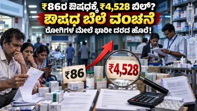ಆಸ್ಪತ್ರೆಯ ಔಷಧ ಬಿಲ್ ಪರಿಶೀಲಿಸುತ್ತಿರುವ ರೋಗಿಯ ಕುಟುಂಬ ಮತ್ತು ₹86 ಖರೀದಿ ಬೆಲೆಯ ಔಷಧಕ್ಕೆ ₹4,528 ಎಂಆರ್‌ಪಿ ಇರುವ ಬೆಲೆ ವ್ಯತ್ಯಾಸದ ಸಂಕೇತಾತ್ಮಕ ದೃಶ್ಯ